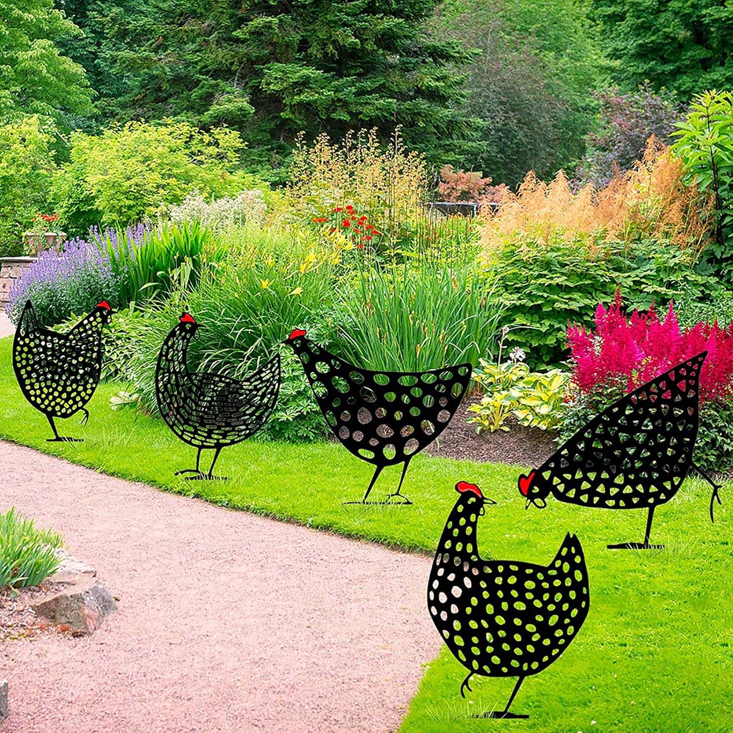 Decorative Metal Chickens – Garden Stake Set for Outdoor Use