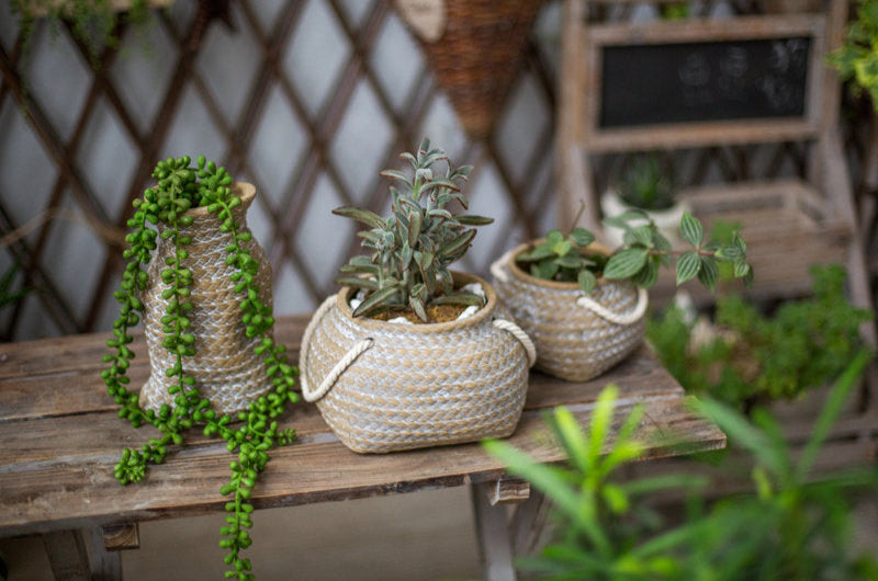 Ceramic Plant Pot In Hemp Bag Design With Rope Handles – Decorative Flower Pot For Garden, Balcony, And Home