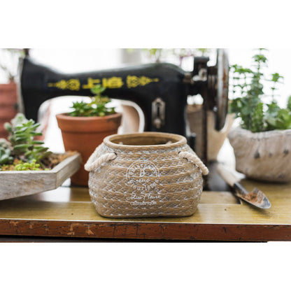 Ceramic Plant Pot In Hemp Bag Design With Rope Handles – Decorative Flower Pot For Garden, Balcony, And Home