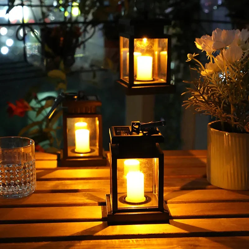 Solar Lantern with LED Candle – Hanging Lamp for Outdoor Use, Decorative Garden Lighting for Terrace and Balcony
