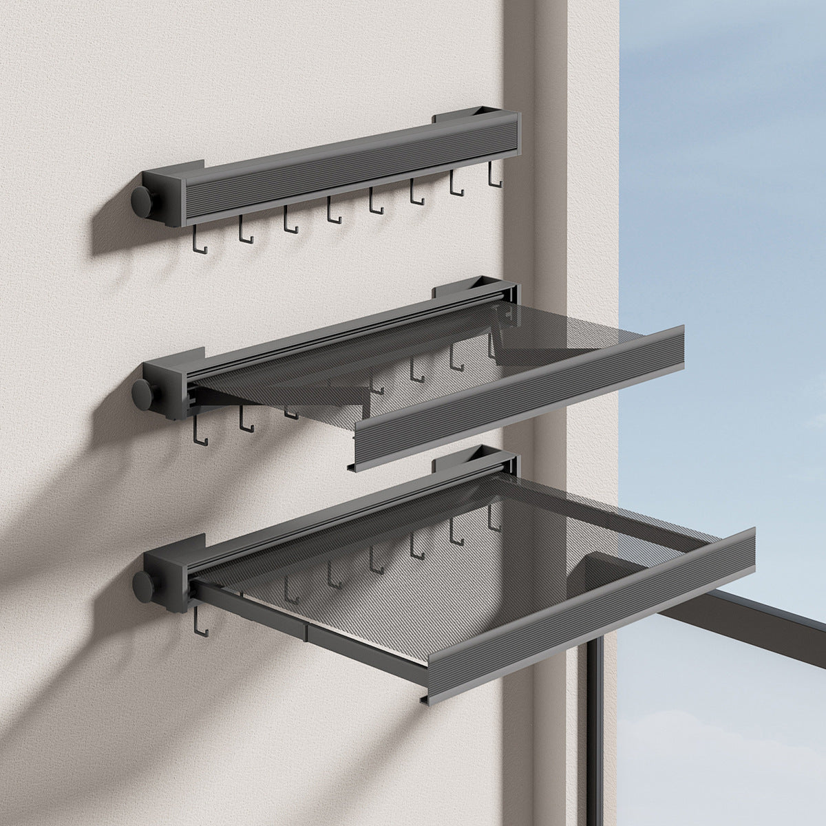 Wall-Mounted Clothes Drying Rack with Grid Shelf and Hook Rail