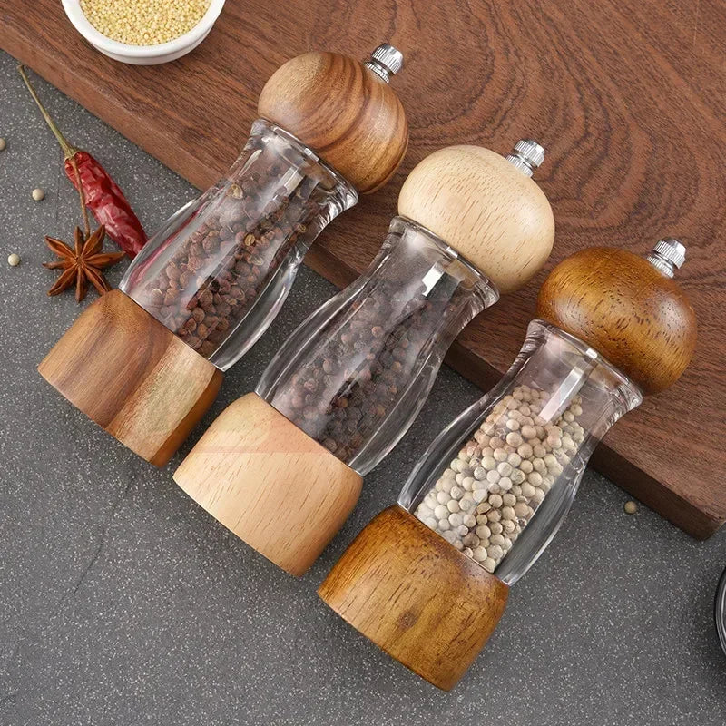 Wood and Glass Spice Grinder Set – Pepper and Salt Mills for the Kitchen