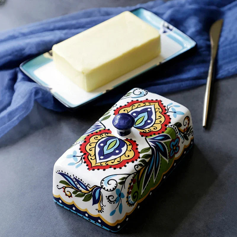 Hand-Painted Ceramic Butter Dish – Tuscan Country Style