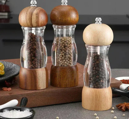 Wood and Glass Spice Grinder Set – Pepper and Salt Mills for the Kitchen