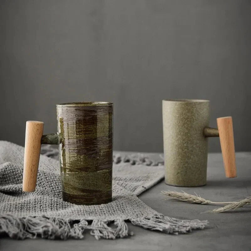 Nordic Ceramic Mug with Wooden Handle – Minimalist Design for Stylish Coffee Enjoyment