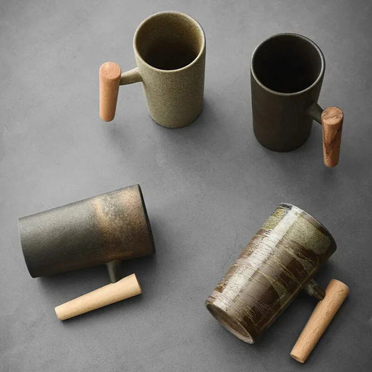 Nordic Ceramic Mug with Wooden Handle – Minimalist Design for Stylish Coffee Enjoyment