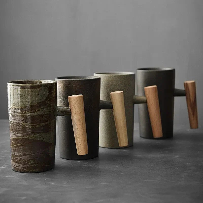 Nordic Ceramic Mug with Wooden Handle – Minimalist Design for Stylish Coffee Enjoyment