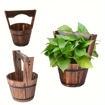 Wooden Barrel-Style Plant Bucket – Decorative Wooden Flower Pot for Garden and Patio