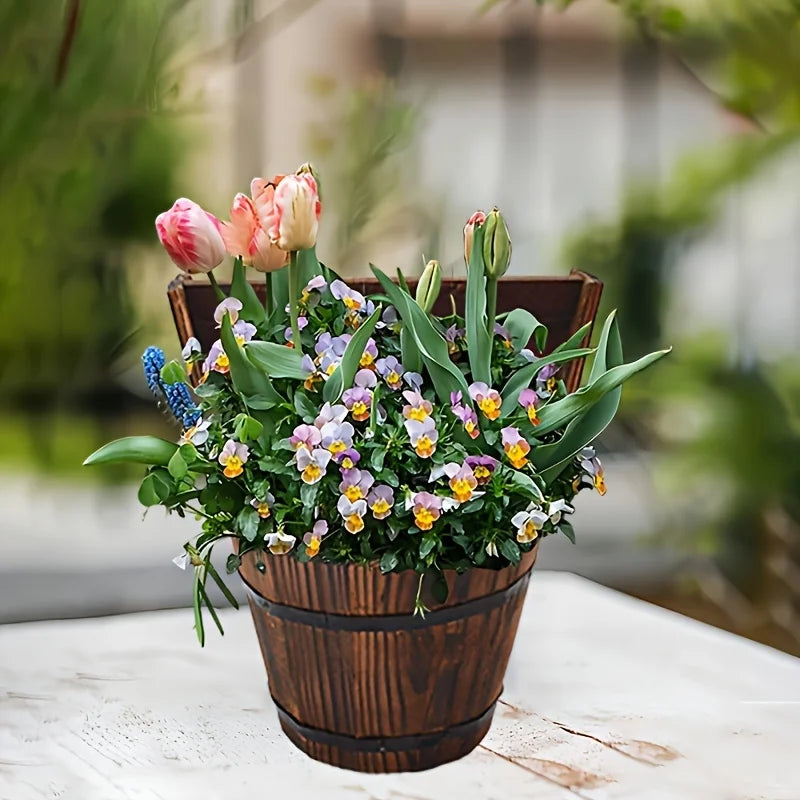 Wooden Barrel-Style Plant Bucket – Decorative Wooden Flower Pot for Garden and Patio