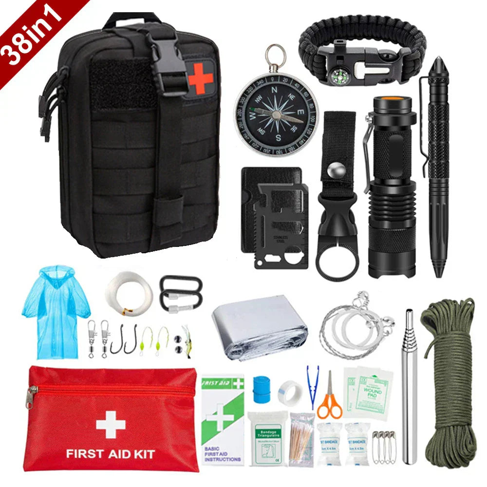 38-in-1 First Aid and Survival Kit with Flashlight, Compass, and Emergency Blanket