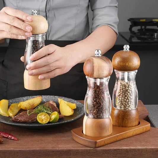 Wood and Glass Spice Grinder Set – Pepper and Salt Mills for the Kitchen