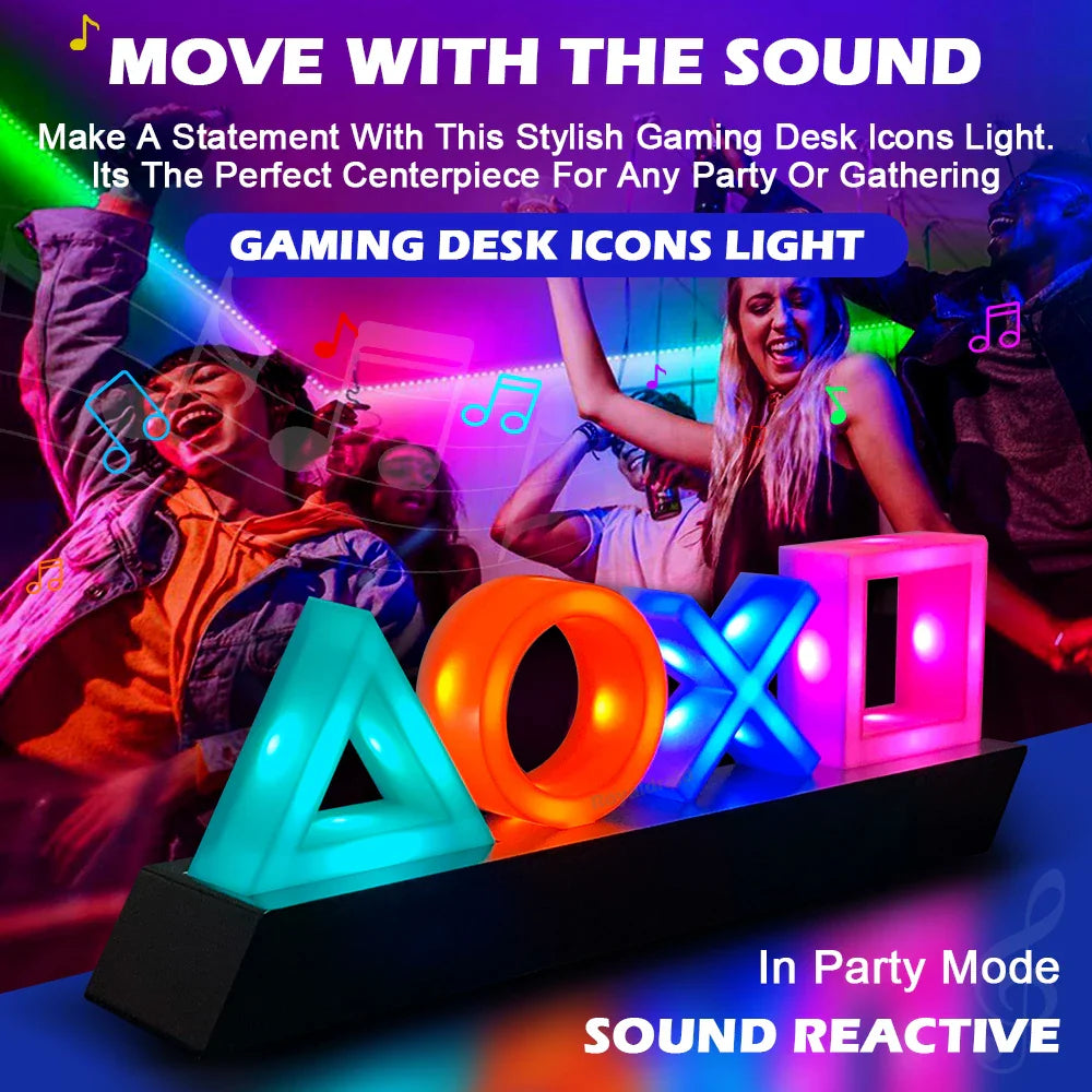 Gaming LED Lamp with PlayStation Symbols – Music-Reactive RGB Light for Gamer Bedroom Desk Decoration