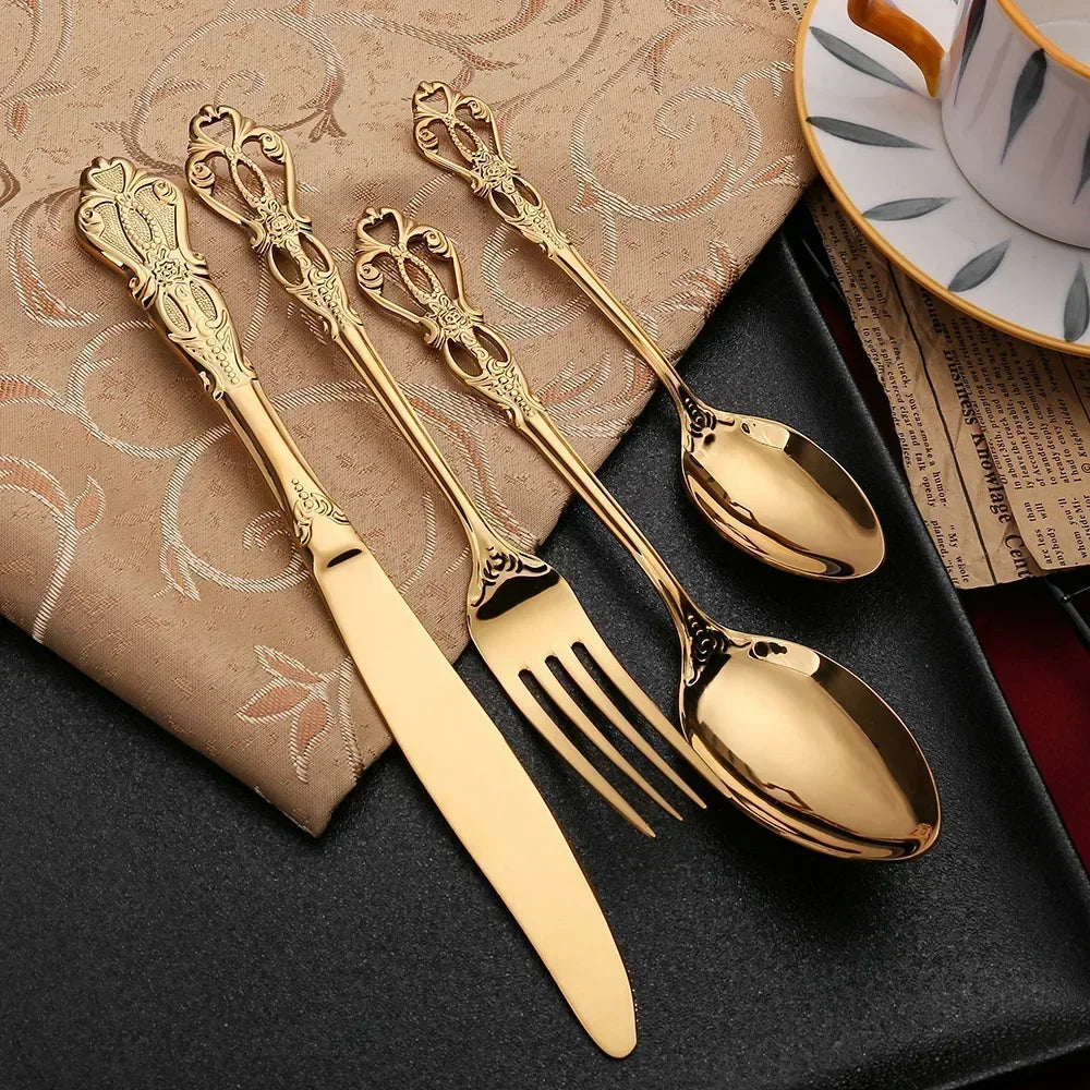24-Piece Gold Cutlery Set with Elegant Engraving – Luxury Stainless Steel Flatware for 6 People
