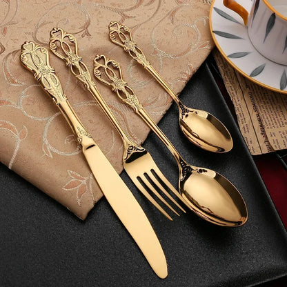 24-Piece Gold Cutlery Set with Elegant Engraving – Luxury Stainless Steel Flatware for 6 People