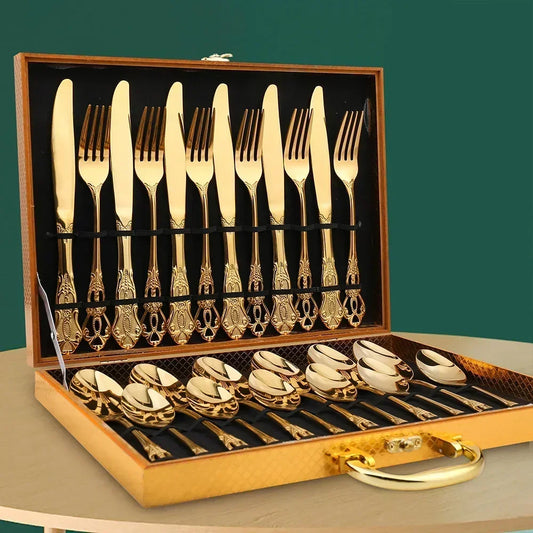 24-Piece Gold Cutlery Set with Elegant Engraving – Luxury Stainless Steel Flatware for 6 People
