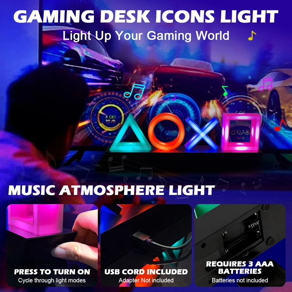 Gaming LED Lamp with PlayStation Symbols – Music-Reactive RGB Light for Gamer Bedroom Desk Decoration