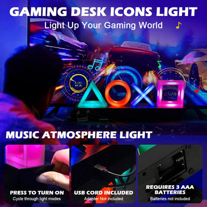 Gaming LED Lamp with PlayStation Symbols – Music-Reactive RGB Light for Gamer Bedroom Desk Decoration