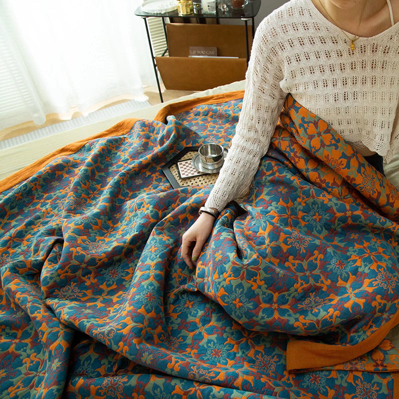 Cotton Blanket with Six-Layer Design and Orange-Blue Pattern