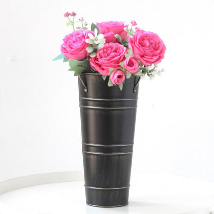 Retro Metal Flower Bucket with Handles – Decorative Flower Pot for Home and Garden