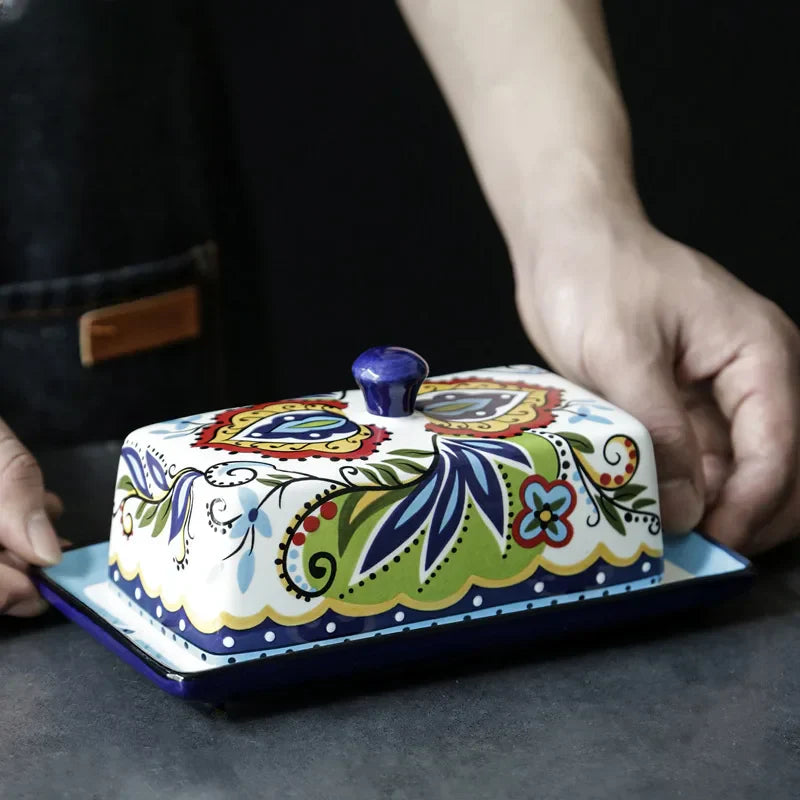 Hand-Painted Ceramic Butter Dish – Tuscan Country Style