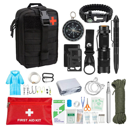 38-in-1 First Aid and Survival Kit with Flashlight, Compass, and Emergency Blanket