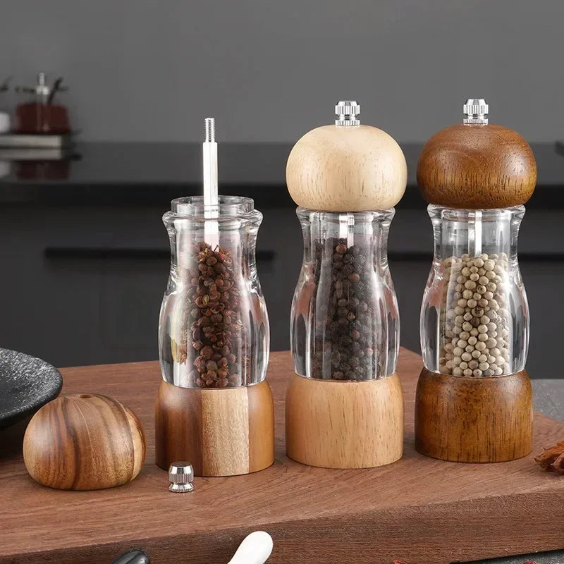 Wood and Glass Spice Grinder Set – Pepper and Salt Mills for the Kitchen
