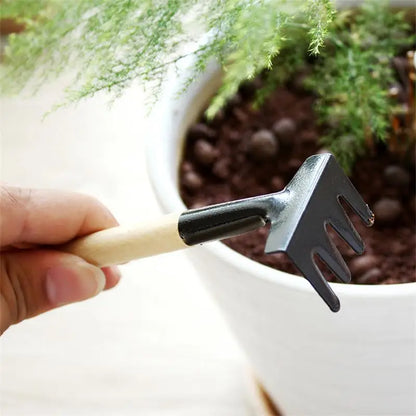 3-piece garden tool set with wooden handles – shovel, rake, and hoe for efficient gardening
