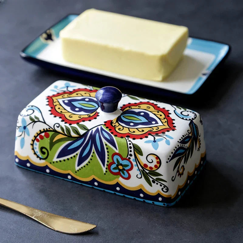 Hand-Painted Ceramic Butter Dish – Tuscan Country Style