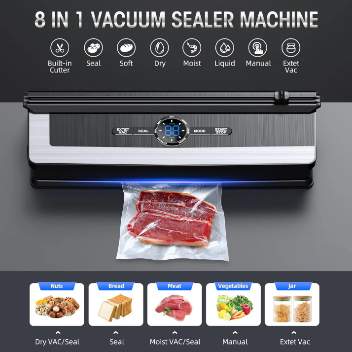 Multifunctional 8-in-1 Vacuum Sealer with Foil Cutter and Fresh-Keeping Function