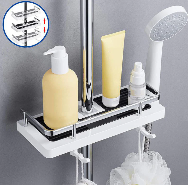 Wall-Mounted Space-Saving Shower Shelf with Storage and Hooks