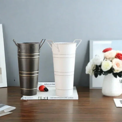 Retro Metal Flower Bucket with Handles – Decorative Flower Pot for Home and Garden