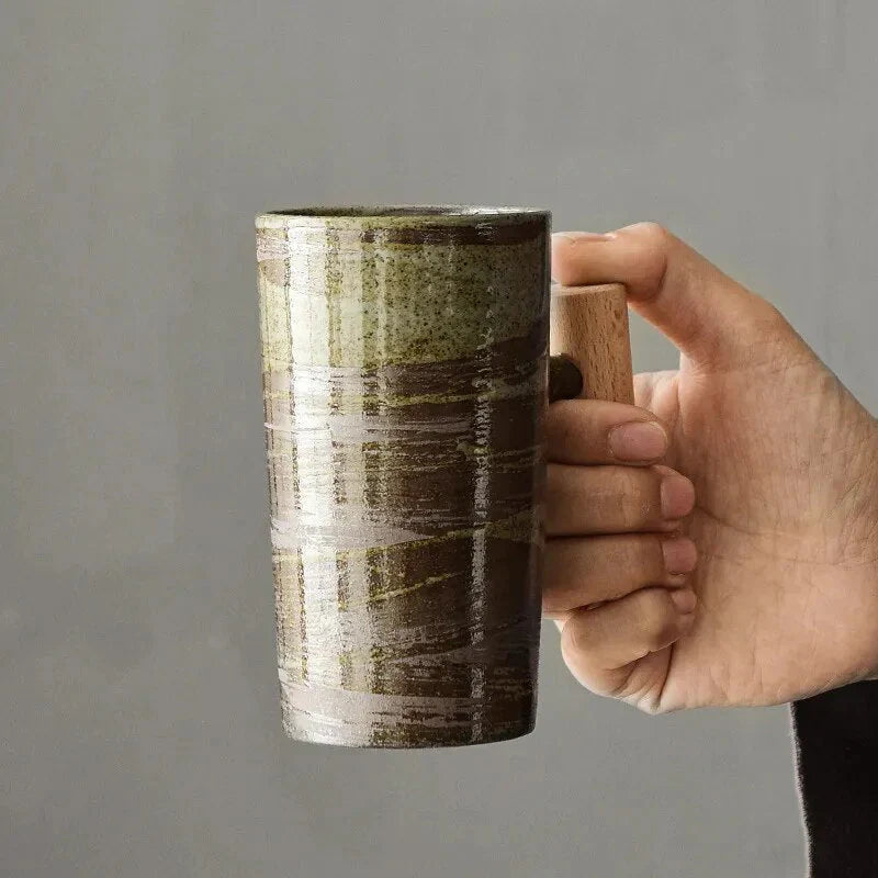 Nordic Ceramic Mug with Wooden Handle – Minimalist Design for Stylish Coffee Enjoyment