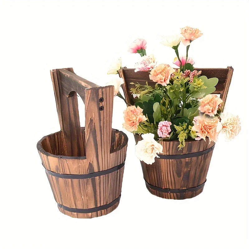 Wooden Barrel-Style Plant Bucket – Decorative Wooden Flower Pot for Garden and Patio