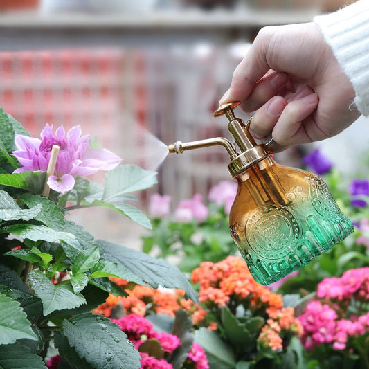 Embossed Glass Bottle with Metal Nozzle – Vintage Plant Mister for Flower Watering and Decorative Garden Care