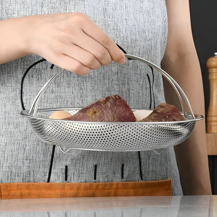 Foldable Stainless Steel Strainer with Draining Bowl – Steamer Basket for the Kitchen