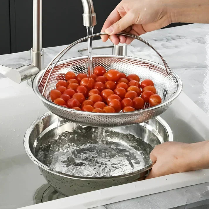 Foldable Stainless Steel Strainer with Draining Bowl – Steamer Basket for the Kitchen