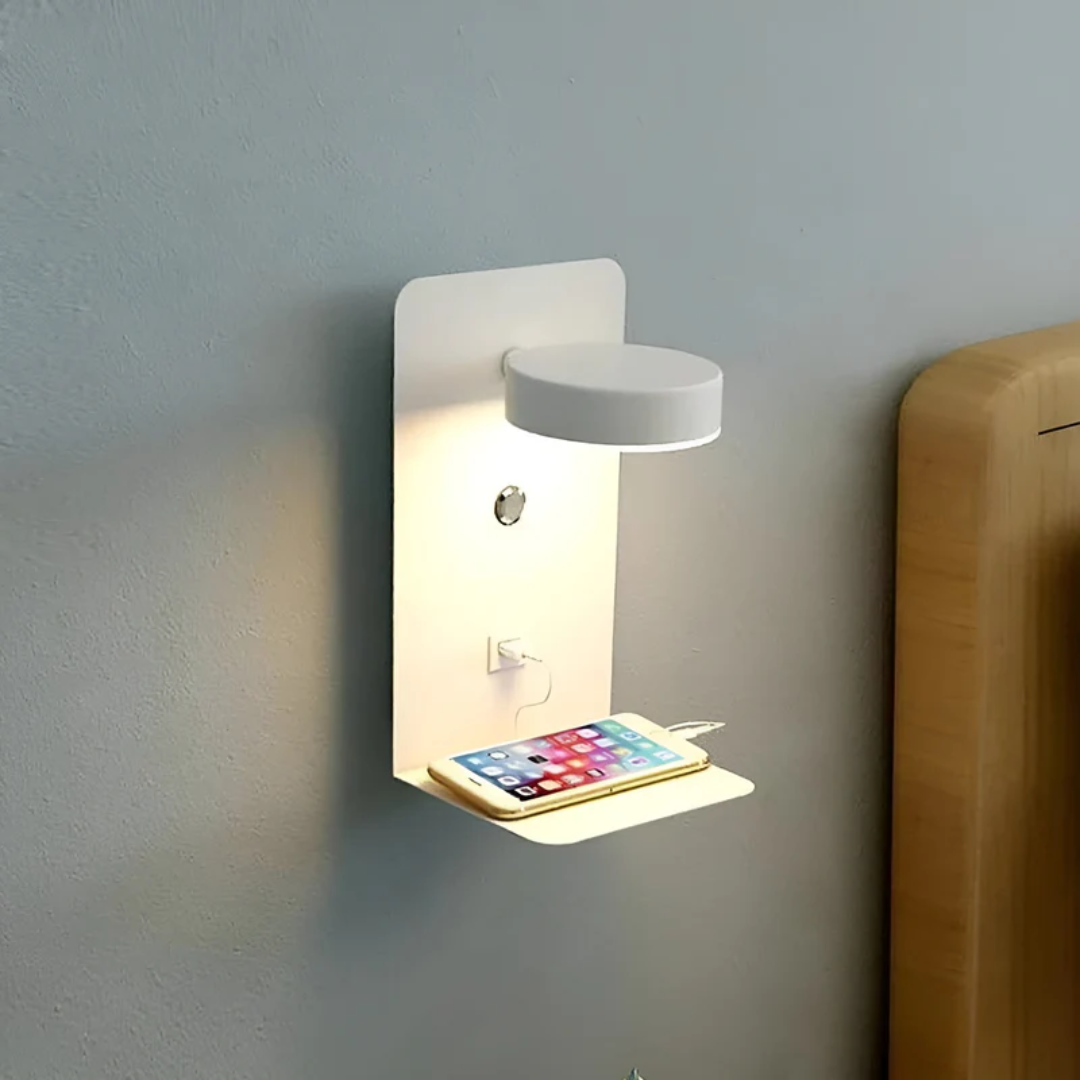 Multifunctional LED Wall Lamp with Shelf and USB Charging Port