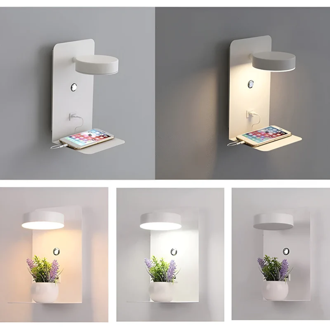 Multifunctional LED Wall Lamp with Shelf and USB Charging Port