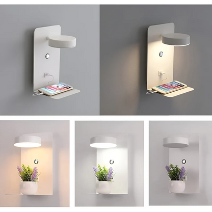 Multifunctional LED Wall Lamp with Shelf and USB Charging Port