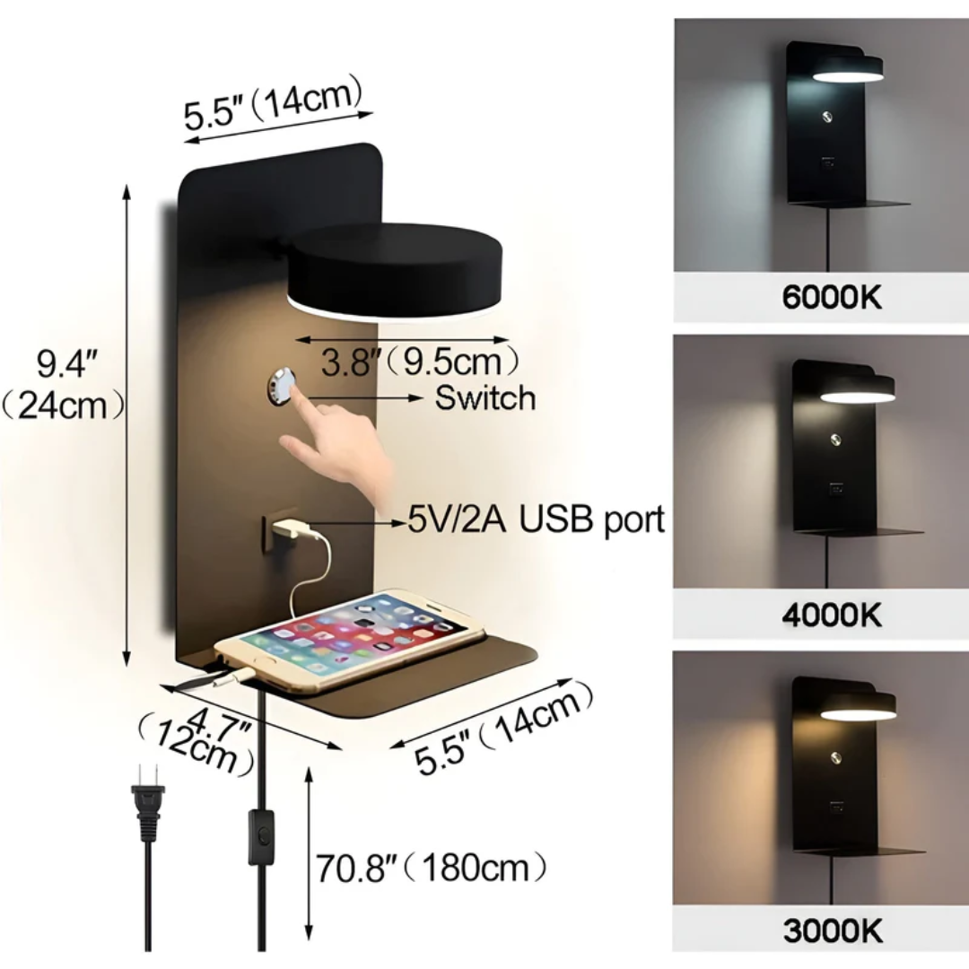 Multifunctional LED Wall Lamp with Shelf and USB Charging Port
