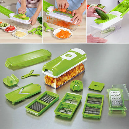 12-in-1 Multifunctional Vegetable Cutter with Interchangeable Blades and Collection Container for Fast Food Preparation