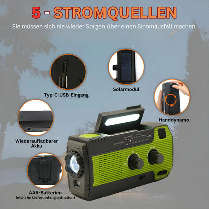 Portable Emergency Radio with Solar Charging and Power Bank – 5 Power Sources