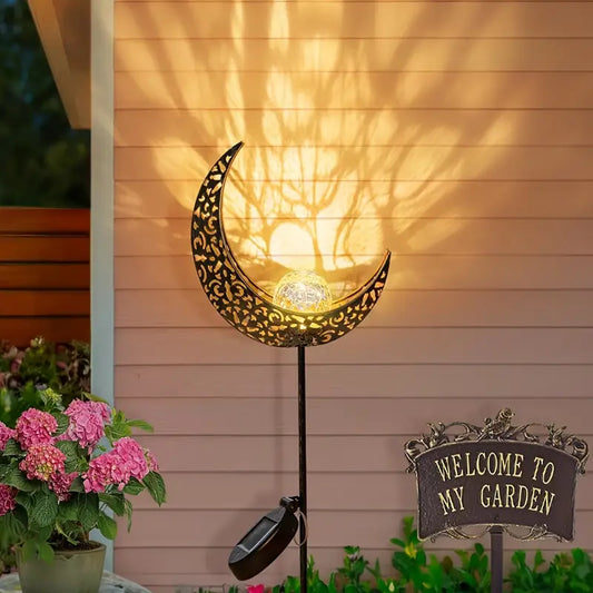 Solar Garden Light Made of Metal – Waterproof LED Lighting in Moon, Flame, Sun, or Star Shape