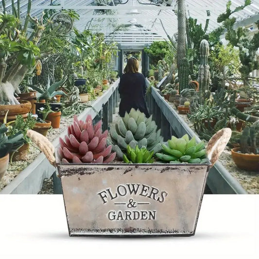 Decorative Metal Planter with Hemp Rope Handles – Durable Garden Container for Plants and Flowers