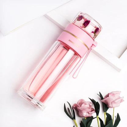 Double-Walled Glass Water Bottle with Tea Infuser and Strainer – Perfect for Tea and Infused Drinks on the Go