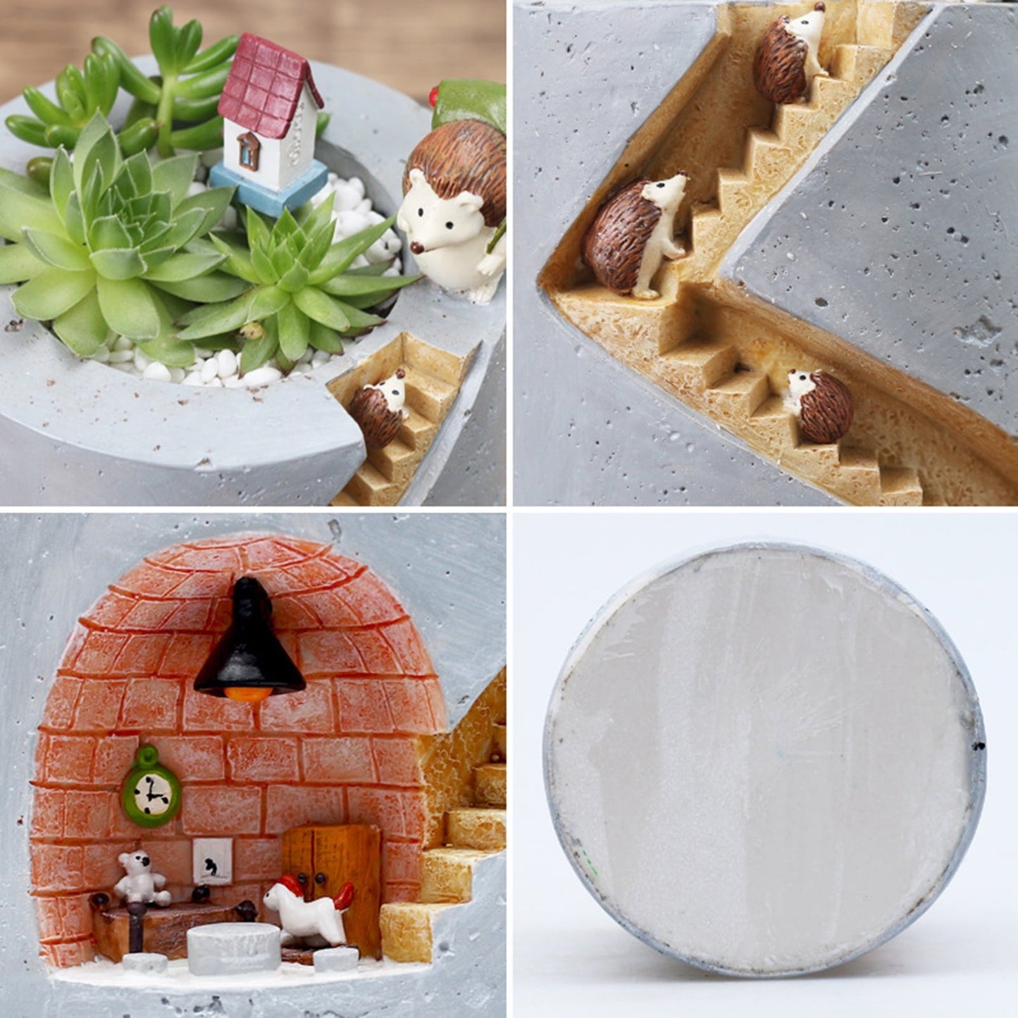Decorative Plant Pot with Hedgehog and Bunny Miniatures – Creative Planter with Staircase Design
