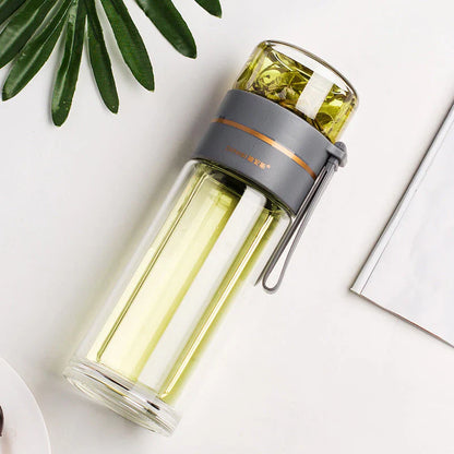Double-Walled Glass Water Bottle with Tea Infuser and Strainer – Perfect for Tea and Infused Drinks on the Go