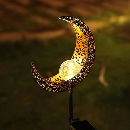 Solar Garden Light Made of Metal – Waterproof LED Lighting in Moon, Flame, Sun, or Star Shape