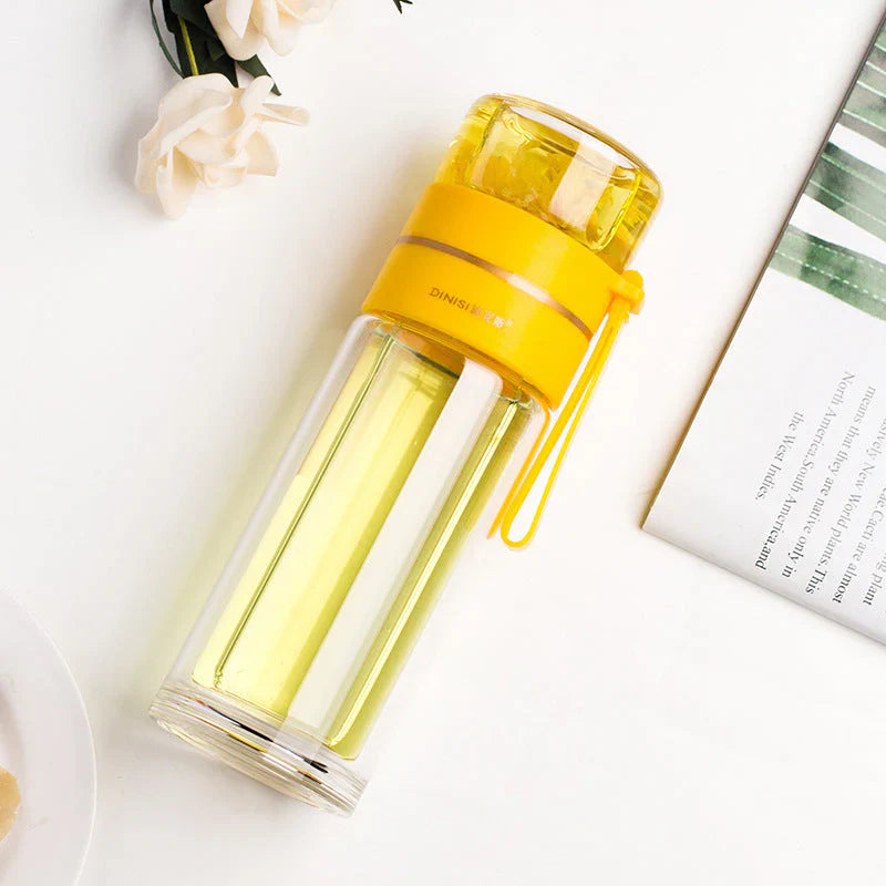 Double-Walled Glass Water Bottle with Tea Infuser and Strainer – Perfect for Tea and Infused Drinks on the Go