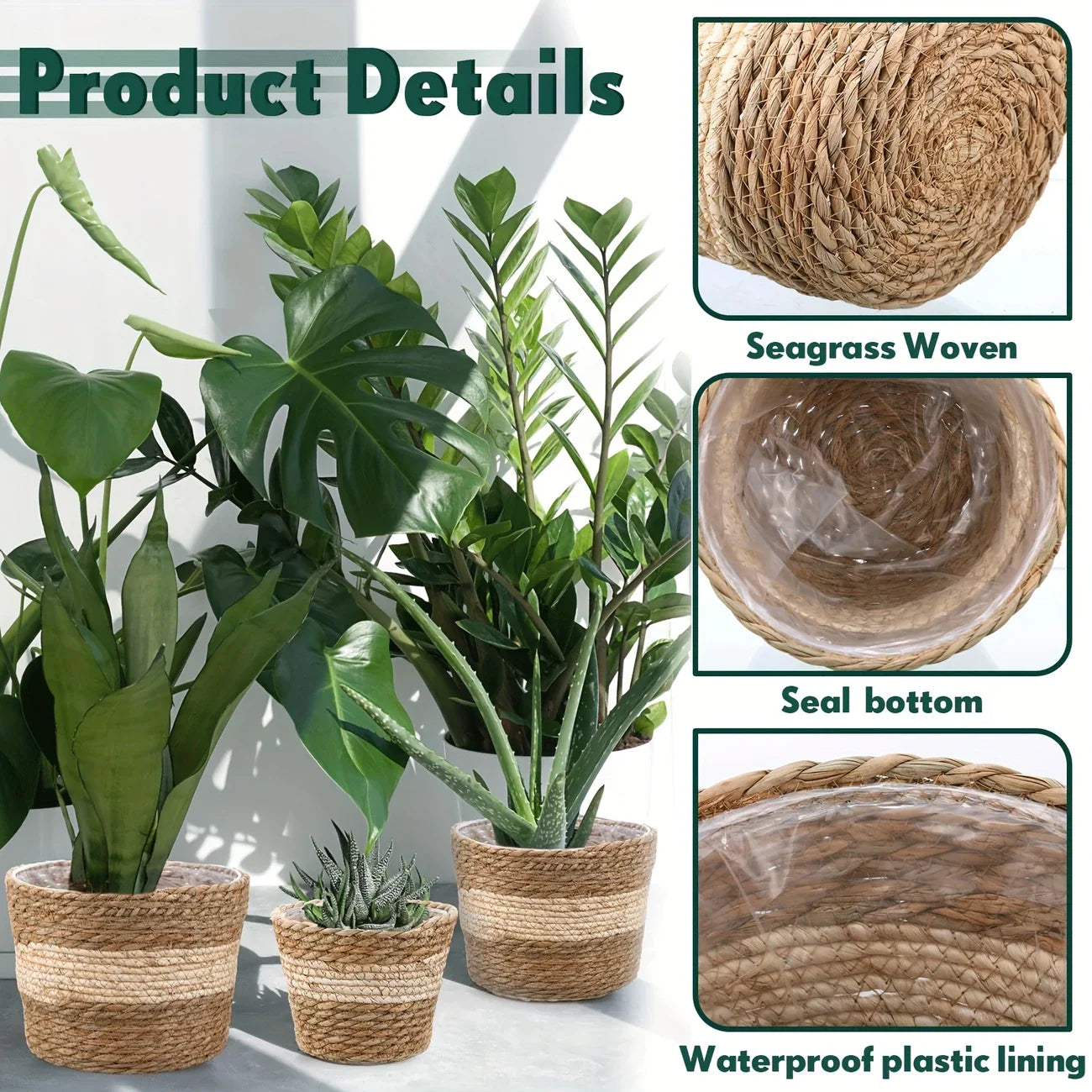 Decorative Seagrass Plant Baskets – 3-Piece Set of Handwoven Planters with Plastic Liner for Home and Garden